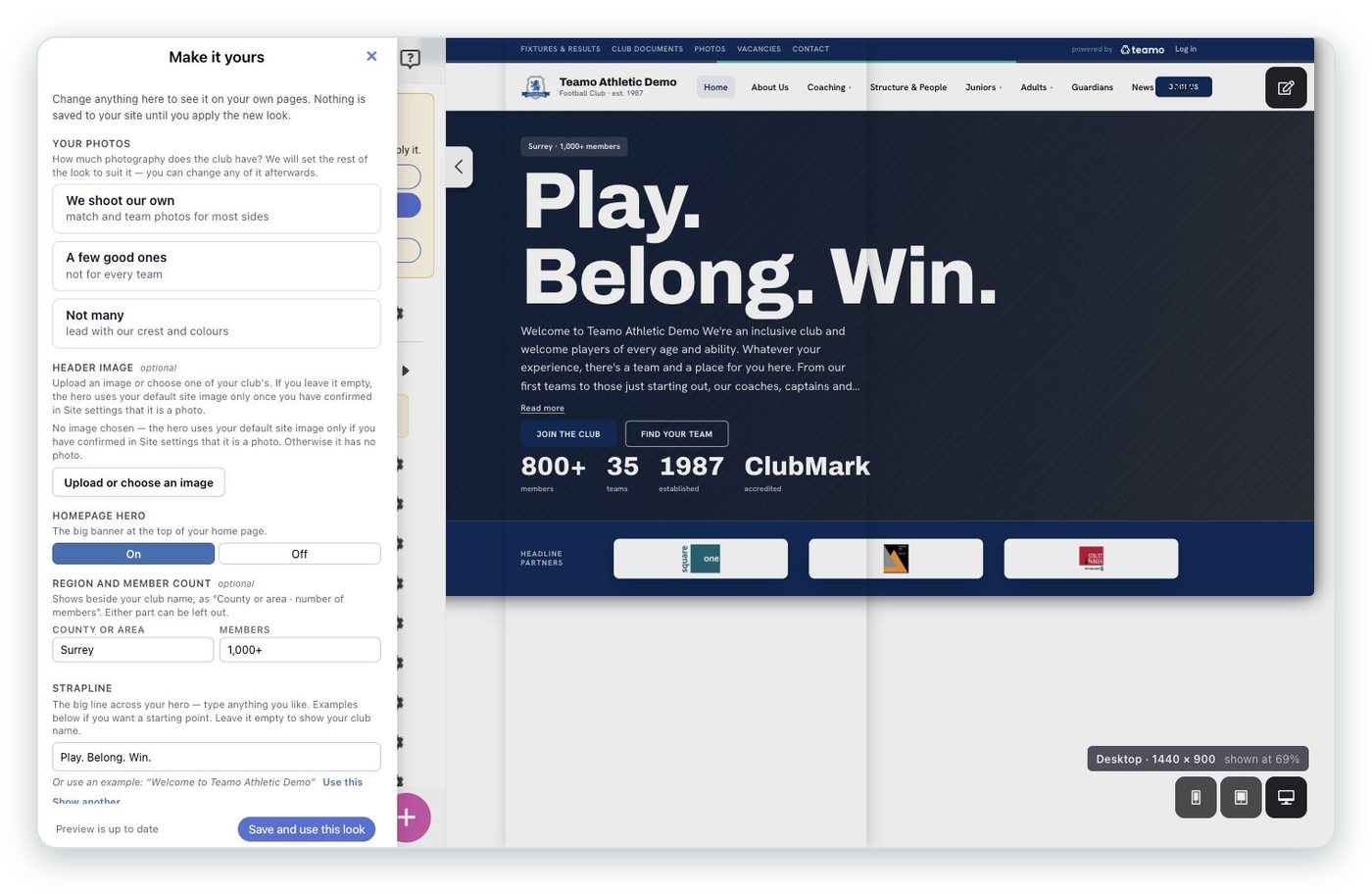 The Make it yours panel beside a home page preview