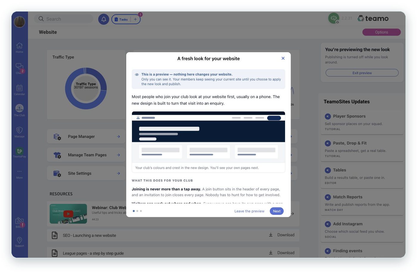 The preview wizard: "This is a preview — nothing here changes your website."