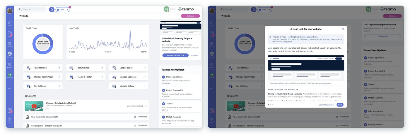 The "A fresh look is ready for your website" card in the Teamo Website section / The preview wizard: "This is a preview — nothing here changes your website."