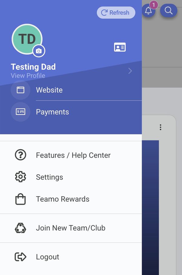 The Teamo menu, opened from your profile picture, with Join New Team/Club near the bottom