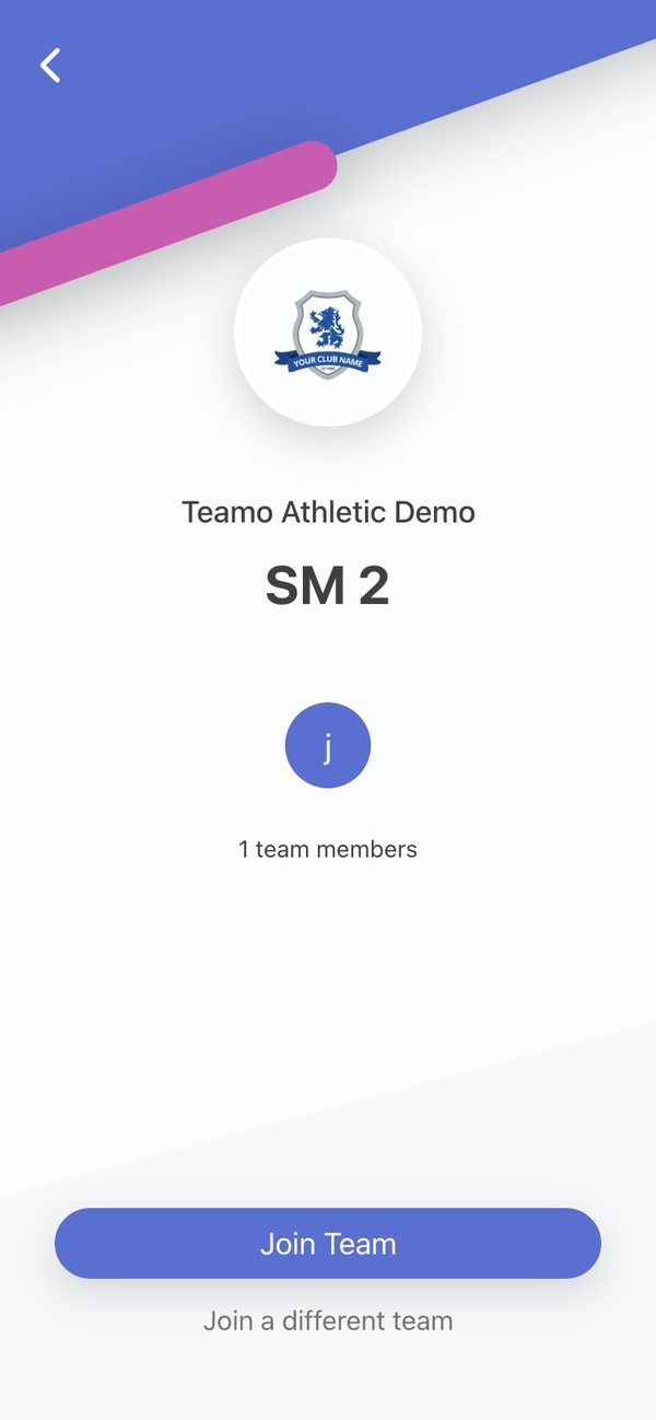 The team screen shows the club name, the team name and a Join Team button