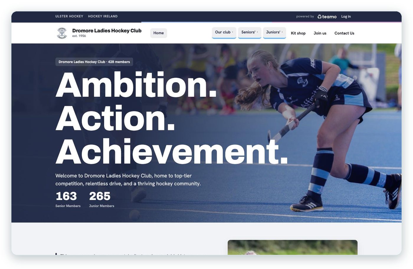 Dromore Ladies Hockey Club home page on a desktop: an action photo, the strapline "Ambition. Action. Achievement." and the club's member numbers
