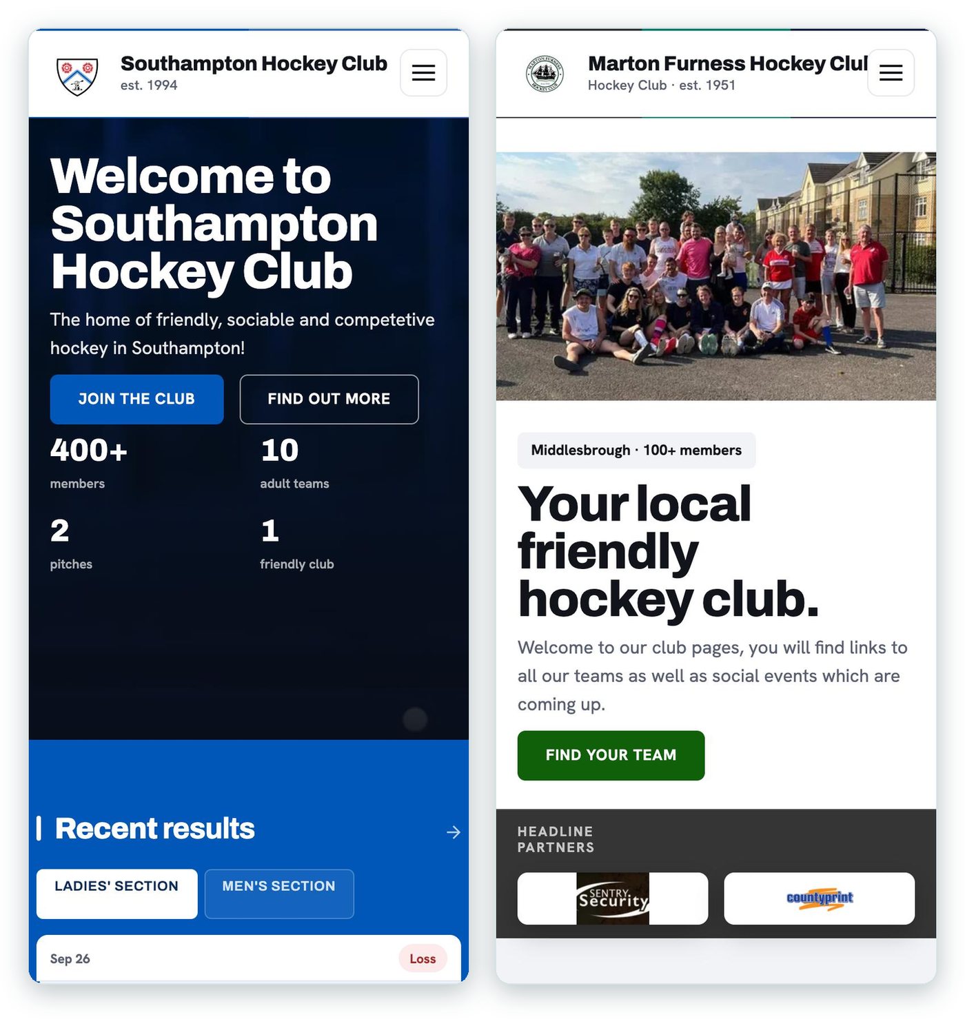 Southampton Hockey Club on a phone: "Welcome to Southampton Hockey Club", Join the club and Find out more buttons, and four numbers / Marton Furness Hockey Club on a phone: a big group photo above "Your local friendly hockey club."
