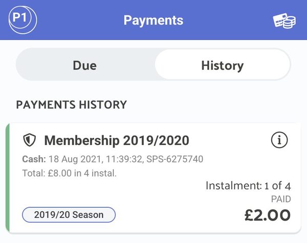 The History tab in Payments: a membership payment marked Instalment 1 of 4 and PAID