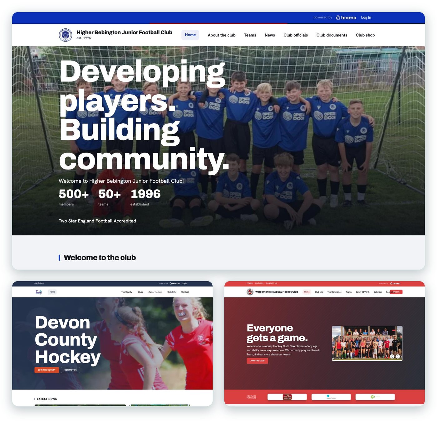 Higher Bebington Junior Football Club: a team photo, "Developing players. Building community." and their numbers / Devon County Hockey home page / Newquay Hockey Club: "Everyone gets a game." in club colours