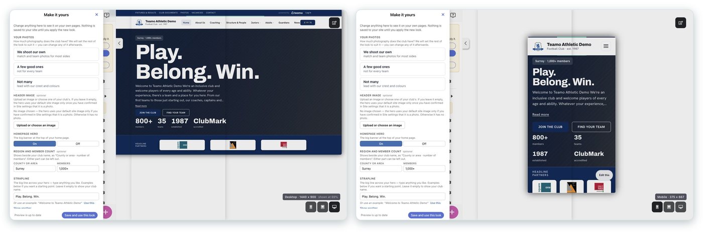 The Make it yours panel beside the club's own home page preview / The same preview switched to a phone