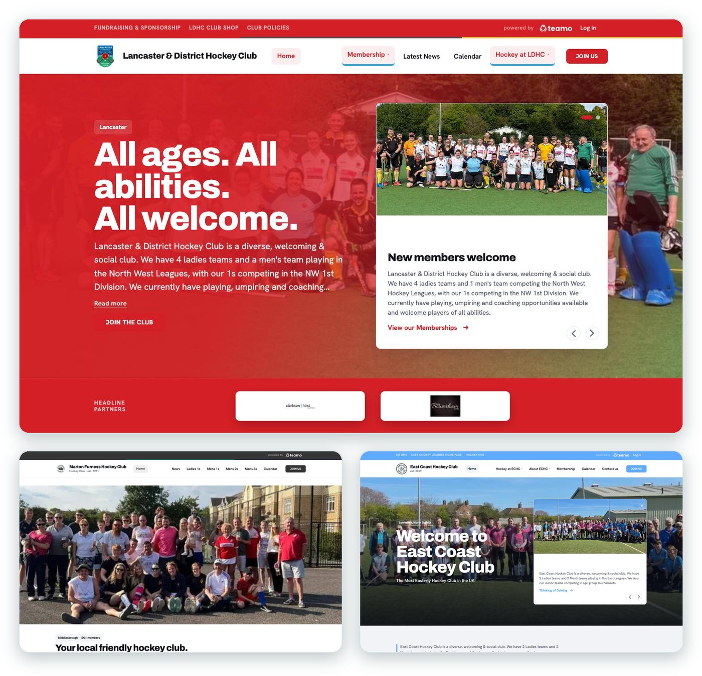 Lancaster & District Hockey Club: a photo hero with an "In focus" story card beside the welcome / Marton Furness Hockey Club: the whole club in one photo above the headline / East Coast Hockey Club: "Welcome to East Coast Hockey Club" with an In focus card